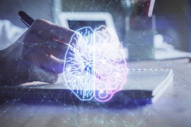 Arka planda beyin hologramıyla el yazısına çok maruz kalmış. Kendi kendine öğrenme kavramı.