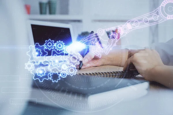 Mehrfachbelichtung Von Frauenhänden Auf Hintergrund Mit Technologie Hologramm Datenkonzept — Stockfoto
