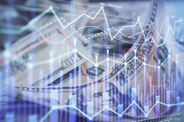 Önx grafiğinin arka plandaki dolarları iki katına çıkarması. Finans piyasası kavramı.