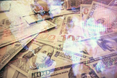 Forx grafiğinin çok sayıda görüntüsü bize dolar banknotları arka planında görünüyor. Finansal başarı piyasası kavramı.