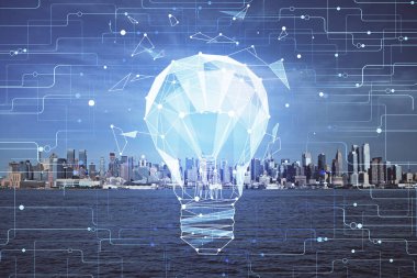 Ampul hologram çizimine ve şehir manzarasına çoklu maruz kalma. Fikir kavramı.
