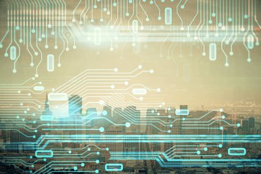 Veri temalı hologram gökdelenlerin arka planında çift pozlama ile şehir görünümüne çizim yapıyor. Teknoloji konsepti.