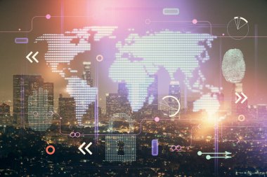 Şehir görünümünde harita ve veri temalı hologram ile gökdelenler arka planda çift pozlama. İş kavramında uluslararası teknoloji.