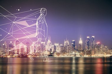 Şehir manzarası arkaplanı üzerinde başlangıç teması çizimlerinin çifte pozlandırılması. Başarı kavramı.