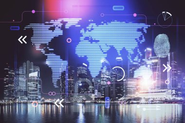 Şehir görünümünde harita ve veri temalı hologram ile gökdelenler arka planda çift pozlama. İş kavramında uluslararası teknoloji.