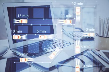 Otomobil hologramı çizimi olan masaüstü bilgisayar arkaplanı. Çoklu maruz kalma. Teknoloji kavramı.