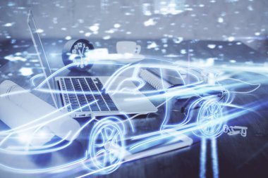Otomobil hologramı çizimi olan masaüstü bilgisayar arkaplanı. Çoklu maruz kalma. Teknoloji kavramı.