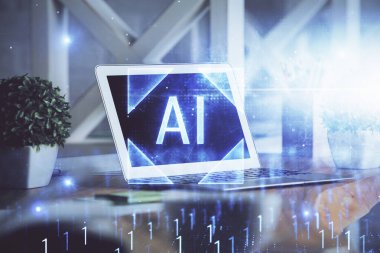 Arka planda kişisel bilgisayarı ve teknik tema çizimi olan iki kat masaüstü görüntüsü. Büyük Veri Kavramı.