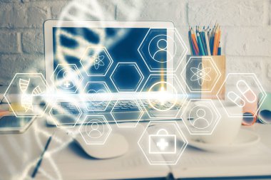 Masaüstü bilgisayar arkaplanı ve DNA çizimi. Çifte maruziyet. Bilim konsepti.
