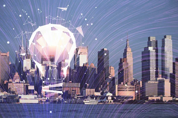 Multi Expozíció Izzó Hologram Rajz Városkép Háttér Elképzelés Fogalma — Stock Fotó