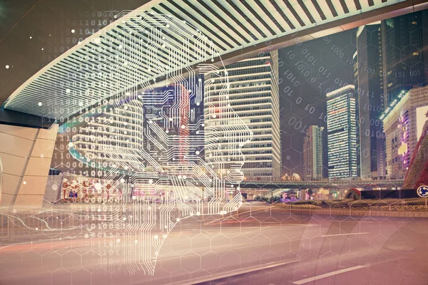 Brain hologram drawing on city scape background Double exposure. Brainstorming concept.