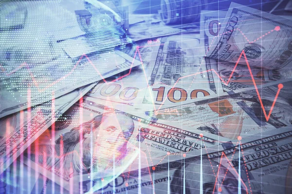 Multi blootstelling van forex grafiek tekenen over ons dollar biljet achtergrond. Begrip financiële succesmarkten. — Stockfoto