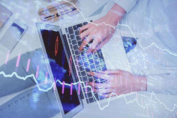 Double exposure of woman hands working on computer and forex graph hologram drawing. Top View. Financial analysis concept. — Stock Photo, Image