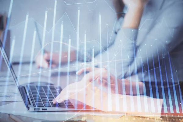 Multi exposure of woman hands typing on computer and financial chart hologram drawing. Stock market analysis concept. — Stock Photo, Image