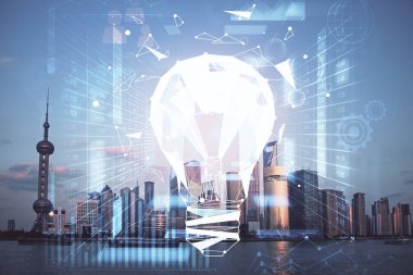 Ampul hologram çizimine ve şehir manzarasına çoklu maruz kalma. Fikir kavramı.