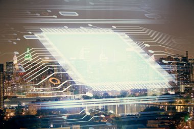 Veri temalı hologram gökdelenlerin arka planında çift pozlama ile şehir görünümüne çizim yapıyor. Ai kavramı.