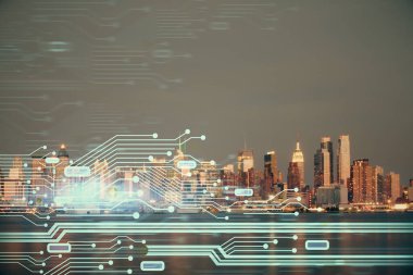 Veri temalı hologram gökdelenlerin arka planında çift pozlama ile şehir görünümüne çizim yapıyor. Ai kavramı.