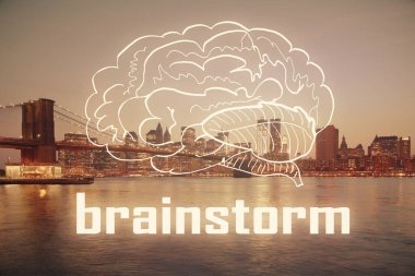 Şehir manzarası arkaplanı üzerinde başlangıç teması çizimlerinin çifte pozlandırılması. Başarı kavramı.