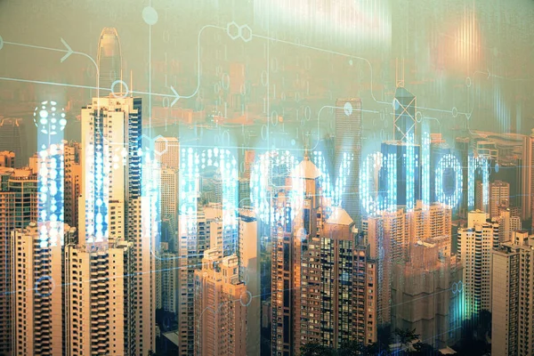 Tema Datos Holograma Dibujo Vista Ciudad Con Rascacielos Fondo Doble — Foto de Stock