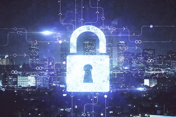 Lock Symbol Hologramm Auf Stadtansicht Mit Wolkenkratzern Hintergrund Mehrfachbelichtung Datensicherheitskonzept — Stockfoto
