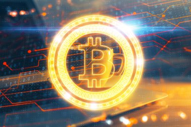 Engelleme zincirine ve kripto ekonomi temalı holograma ve bilgisayar arkaplanlı masaya çoklu maruz kalma. Bitcoin kripto para kavramı.