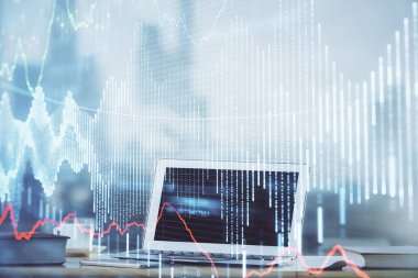 Bilgisayar geçmişi olan eski grafik hologramı. Çoklu maruz kalma. Finans piyasası kavramı.