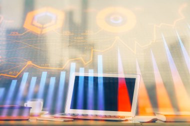 Bilgisayar geçmişi olan eski grafik hologramı. Çoklu maruz kalma. Finans piyasası kavramı.