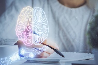 Arka planda beyin hologramıyla el yazısına çok maruz kalmış. Öğrenme kavramı.