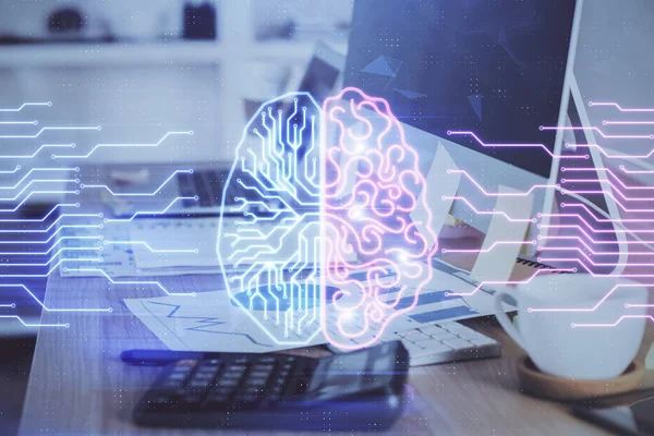 Multi Exposure Work Space Computer Human Brain Hologram Brainstorm Concept — Stock Photo, Image