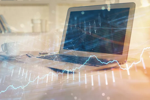 Gráfico Mercado Ações Segundo Plano Com Mesa Computador Pessoal Dupla — Fotografia de Stock