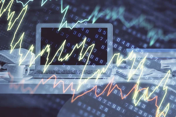 Holograma Gráfico Del Mercado Financiero Computadora Personal Segundo Plano Doble —  Fotos de Stock