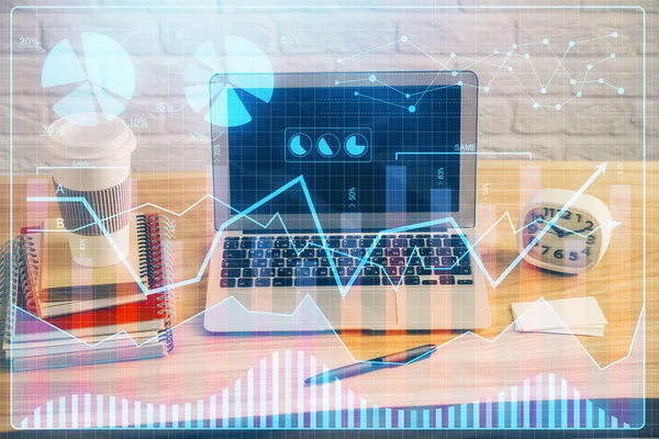 Multi exposure of graph and financial info and work space with computer background. Concept of international online trading.