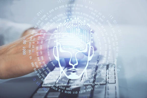 Man Met Computer Achtergrond Met Hersenthema Hologram Concept Van Brainstorm — Stockfoto