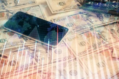 Önx grafiğinin arka plandaki dolarları iki katına çıkarması. Finans piyasası kavramı.