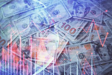 Önx grafiğinin arka plandaki dolarları iki katına çıkarması. Finans piyasası kavramı.