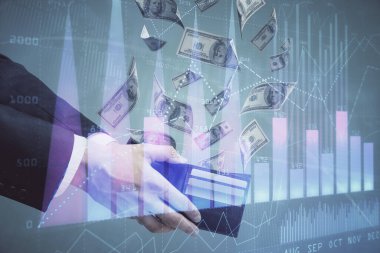 Finansal grafiğe çoklu pozlama hologram, Amerikan dolarları ve insan eli. Analiz kavramı.