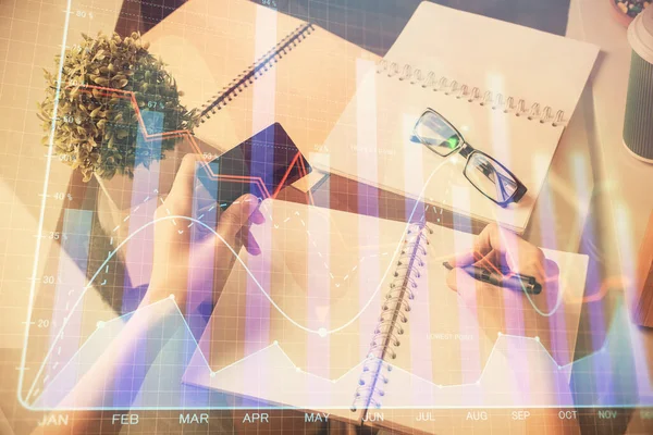 Multi Exposure Woman Line Shopping Holding Credit Card Financial Graph — Stock Photo, Image