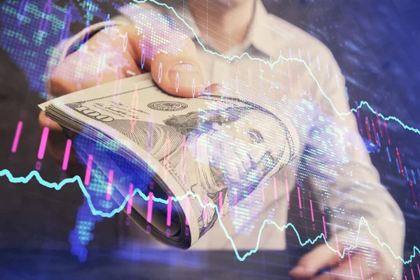 Multi Exponering Finansiella Diagram Rita Hologram Och Usa Dollar Räkningar — Stockfoto