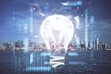 Ampul hologram çizimine ve şehir manzarasına çoklu maruz kalma. Fikir kavramı.