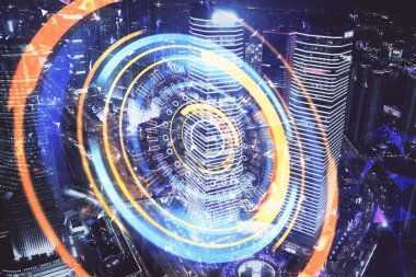 Teknoloji temalı hologramın ve şehrin arka planının iki katına çıkarılması. Yüksek Teknoloji kavramı.