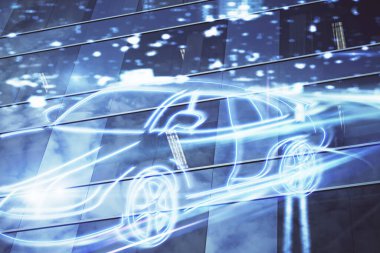 Ulaşım temalı hologram çizimi ve şehir manzaralı arka plan çifte pozlama. Otomatik pilotu kabul et.