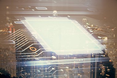 Veri temalı hologram gökdelenlerin arka planında çift pozlama ile şehir görünümüne çizim yapıyor. Ai kavramı.