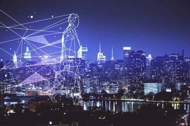 Şehir manzarası arkaplanı üzerinde başlangıç teması çizimlerinin çifte pozlandırılması. Başarı kavramı.