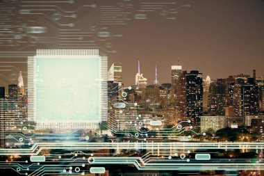 Veri temalı hologram gökdelenlerin arka planında çift pozlama ile şehir görünümüne çizim yapıyor. Ai kavramı.