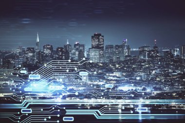 Veri temalı hologram gökdelenlerin arka planında çift pozlama ile şehir görünümüne çizim yapıyor. Ai kavramı.