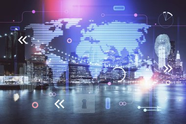 Şehir görünümünde harita ve veri temalı hologram ile gökdelenler arka planda çift pozlama. İş kavramında uluslararası teknoloji.