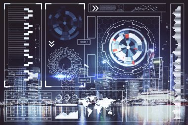 Veri temalı hologram gökdelenler arka planda çoklu pozlama ile şehir görünümüne çizim yapıyor. Ai kavramı.