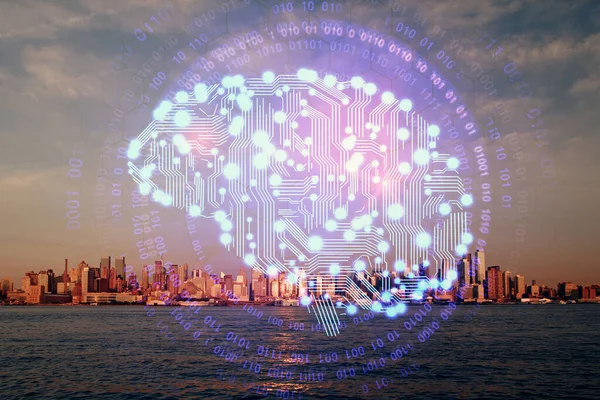 Şehrin Arka Planında Çoklu Maruz Kalma Üzerine Beyin Hologramı Çizimi — Stok fotoğraf