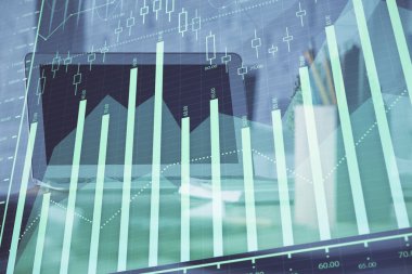 Bilgisayar geçmişi olan eski grafik hologramı. Çoklu maruz kalma. Finans piyasası kavramı.