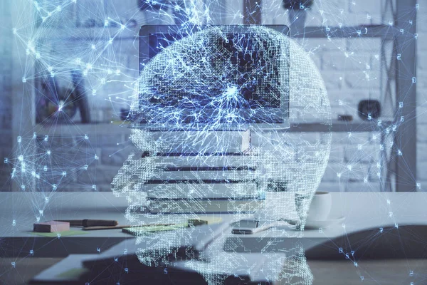 Διπλή Έκθεση Χώρου Εργασίας Ηλεκτρονικό Υπολογιστή Και Ανθρώπινο Εγκεφαλογράφημα Έννοια — Φωτογραφία Αρχείου